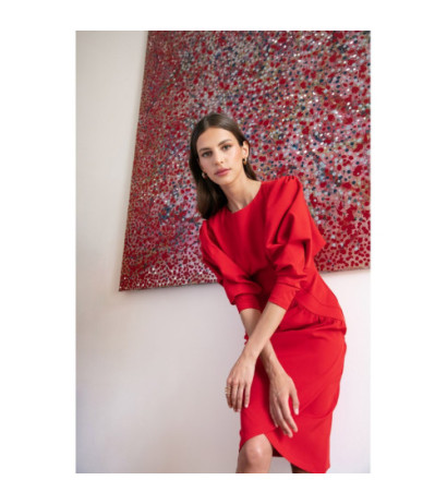 S284 Sukienka z bufiastymi rękawami - czerwona