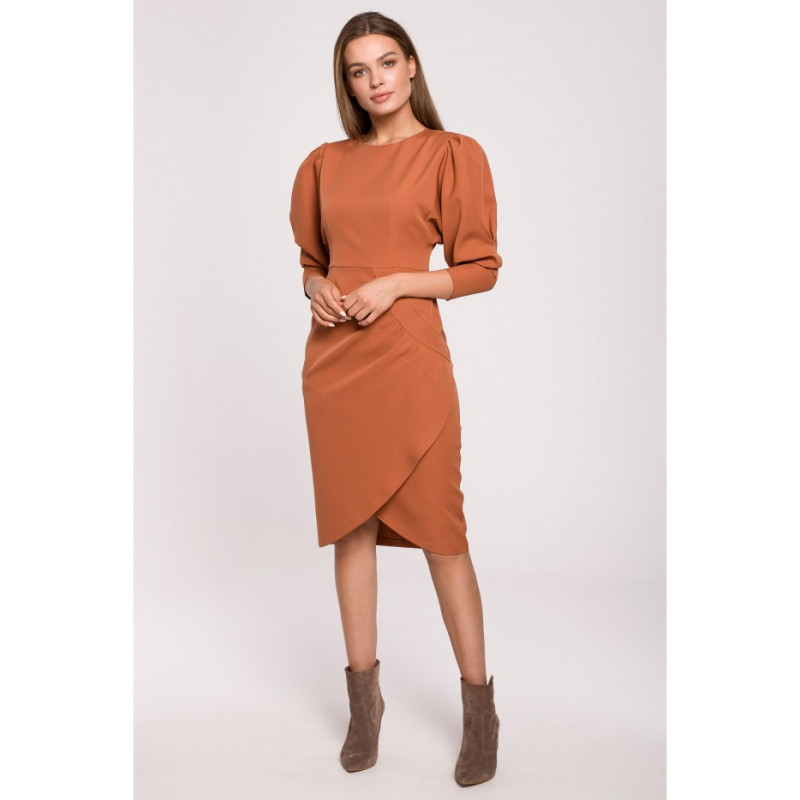 S284 Sukienka z bufiastymi rękawami - ruda