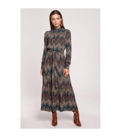 S291 Sukienka maxi z falbaną - nadruk aztecki - model 2