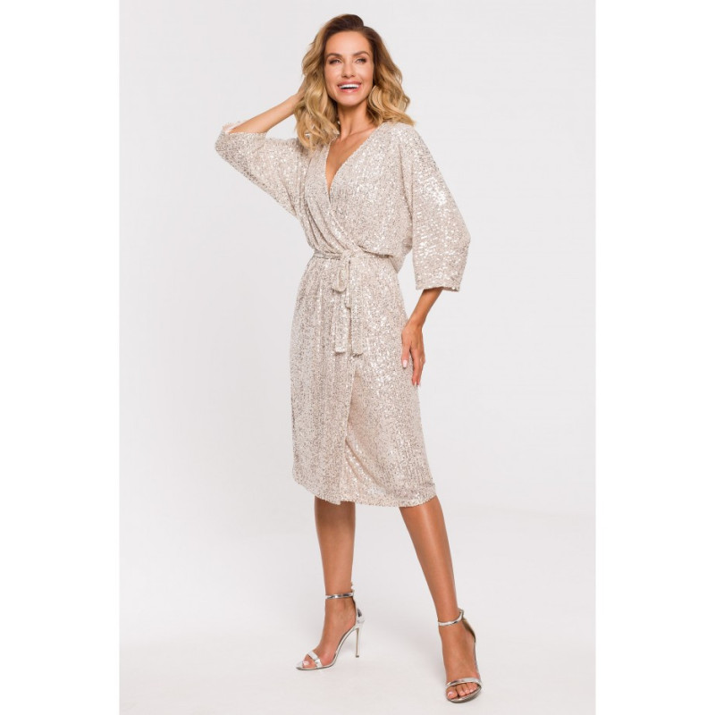 M653 Sukienka midi z cekinami i wiązaniem - szampańska