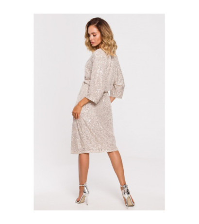 M653 Sukienka midi z cekinami i wiązaniem - szampańska