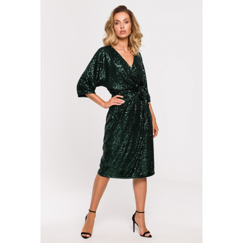 M653 Sukienka midi z cekinami i wiązaniem - butelkowa zieleń