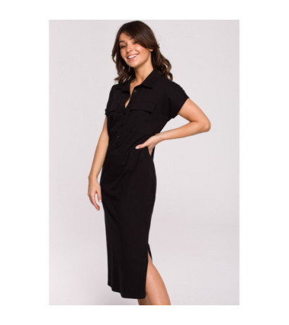 B222 Sukienka safari z kołnierzykiem - czarna