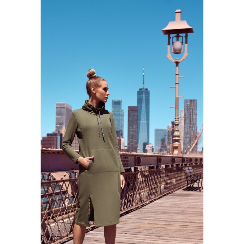 M688 Sukienka midi z lampasami z logo - khaki