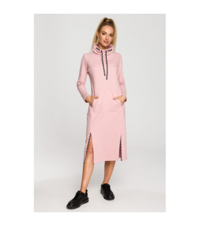 M688 Sukienka midi z lampasami z logo - pudrowa