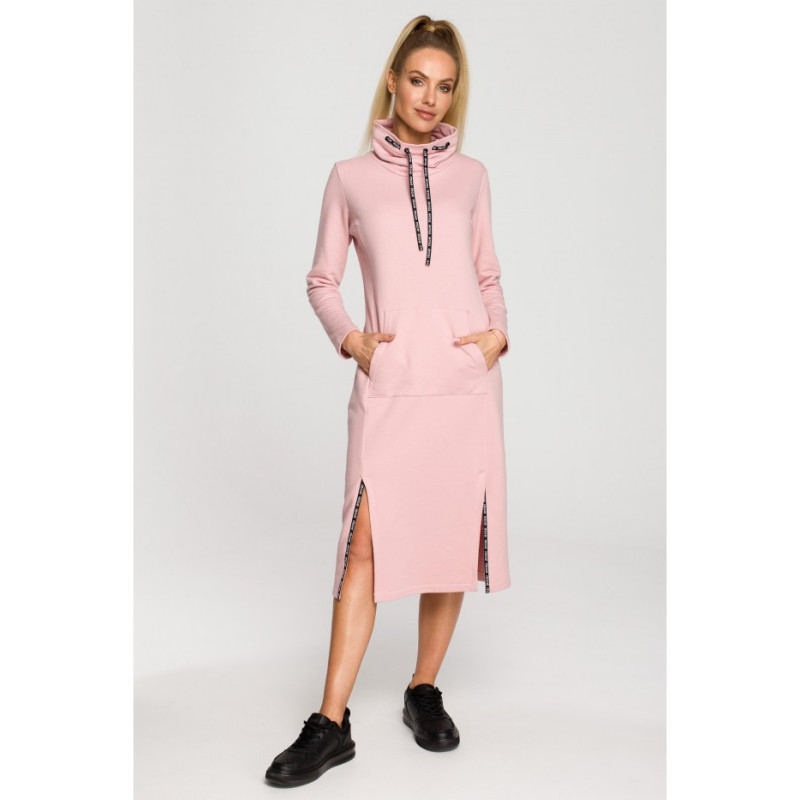 M688 Sukienka midi z lampasami z logo - pudrowa