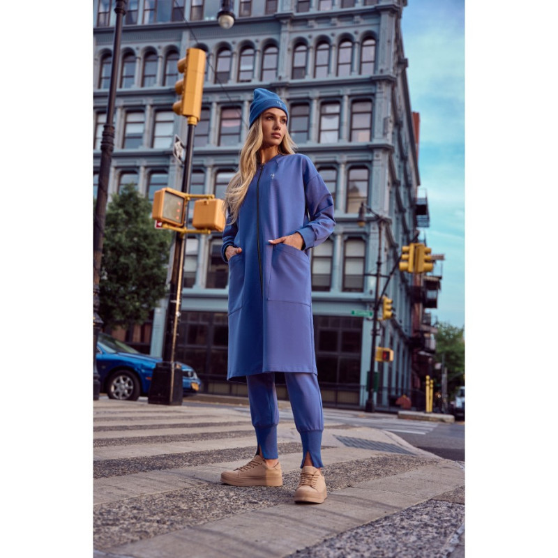 M694 Długa bluza na zamek z rozcięciem - indygo