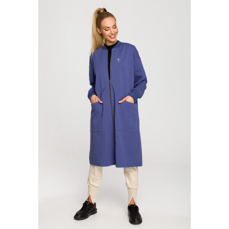 M694 Długa bluza na zamek z rozcięciem - indygo