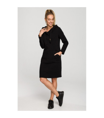 M695 Sukienka z kapturem i asymetryczną kieszenią - czarna