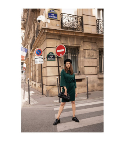 B234 Sukienka ściągana w pasie trokami - ciemnozielona