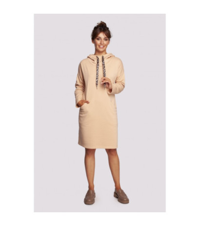 B238 Sukienka z wysokim kołnierzem i kieszeniami - beżowa