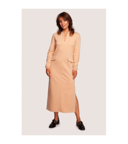 B242 Sukienka maxi z dekoltem dekoracyjnym - beżowa