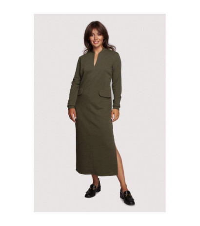 B242 Sukienka maxi z dekoltem dekoracyjnym - oliwkowa