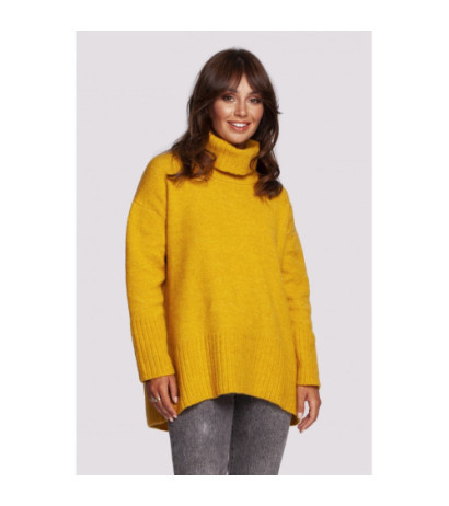 BK086 Sweter z golfem i rozcięciem z tyłu - miodowy