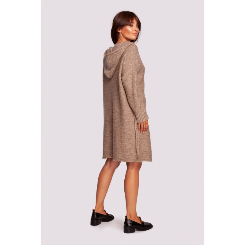 BK089 Sweter sukienka z kapturem - jasnobrązowy