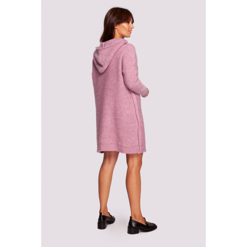 BK089 Sweter sukienka z kapturem - pudrowy