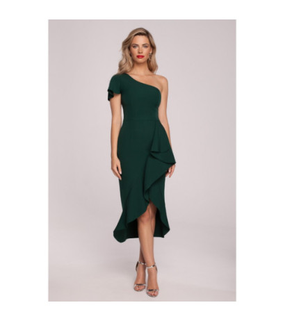 K146 Sukienka na jedno ramię z falbaną - butelkowa zieleń