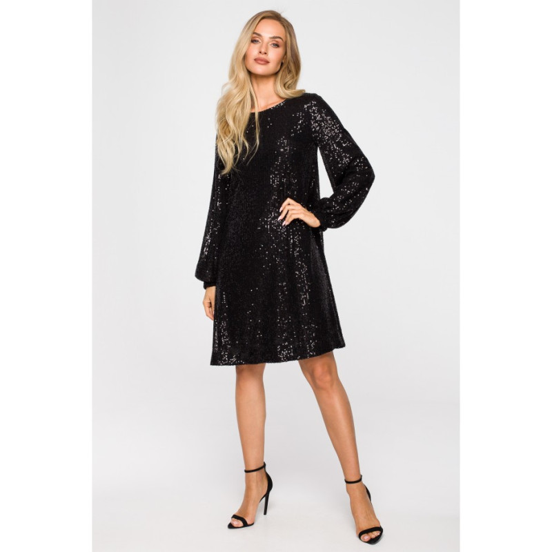 M715 Sukienka rozkloszowana z paskiem - czarna