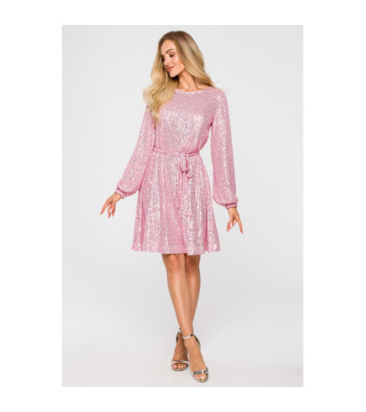 M715 Sukienka rozkloszowana z paskiem - pudrowy róż