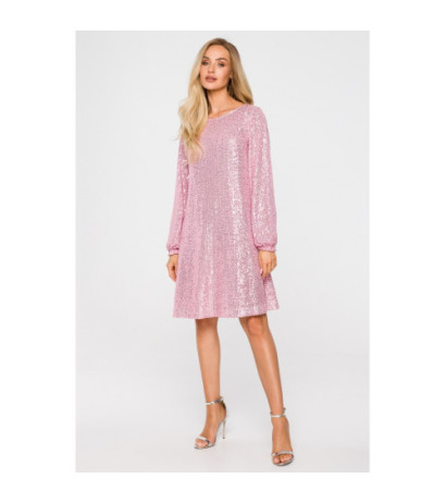 M715 Sukienka rozkloszowana z paskiem - pudrowy róż