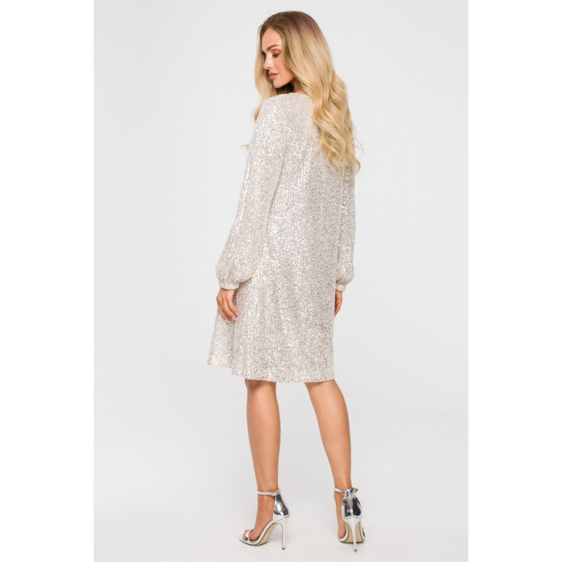 M715 Sukienka rozkloszowana z paskiem - szampańska