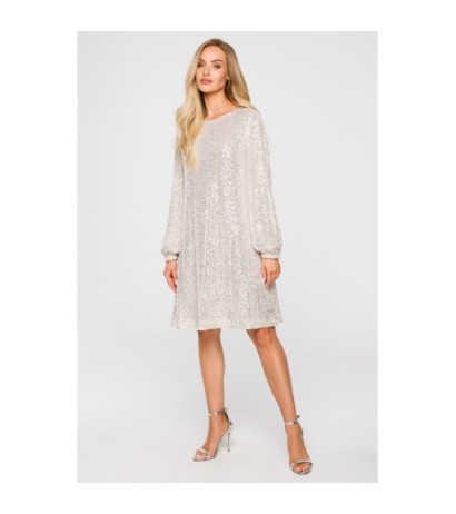 M715 Sukienka rozkloszowana z paskiem - szampańska