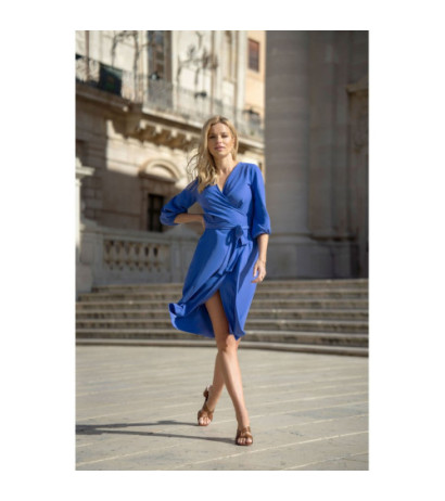 S340 Sukienka kopertowa z wiązaniem - niebieska