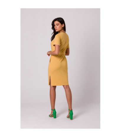 B263 Sukienka bawełniana z naszytymi kieszeniami - miodowa