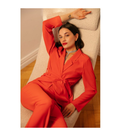 K161 Żakiet wiązany w pasie - koralowy