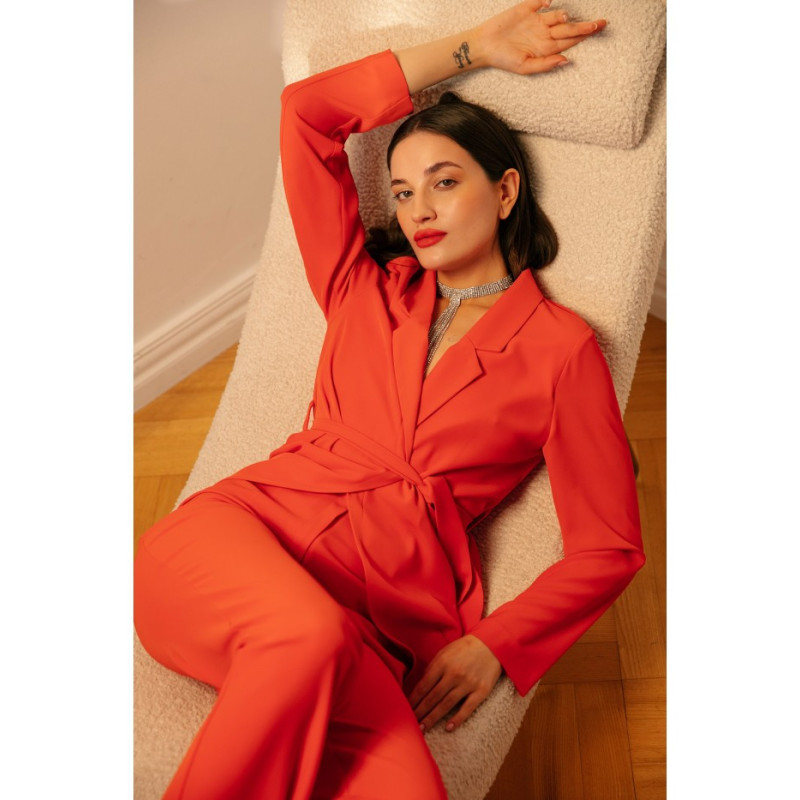 K161 Żakiet wiązany w pasie - koralowy