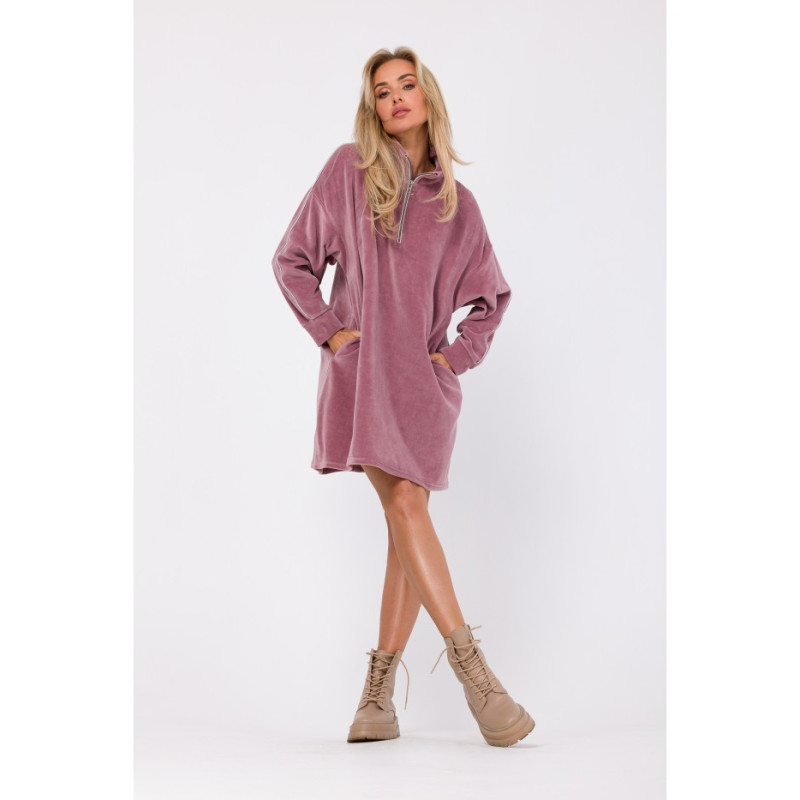 M764 Sukienka asymetryczna z zamkiem w stójce - brudny róż