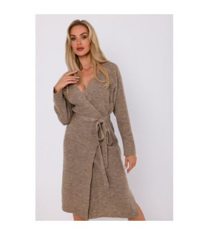 M772 Sukienka na zakładkę wiązana wokół talii - jasnobrązowa
