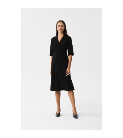 S348 Sukienka z kopertowym dekoltem i kołnierzykiem - czarna