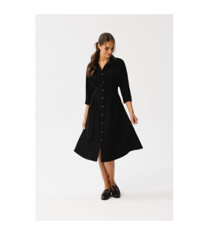 S351 Sukienka szmizjerka z zakładkami w talii - czarna