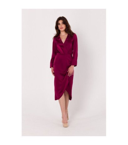 K172 Sukienka z kopertowym dekoltem i kołnierzykiem - bordowa