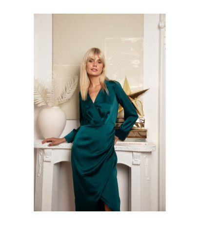 K172 Sukienka z kopertowym dekoltem i kołnierzykiem - zielona