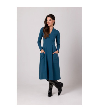 B266 Sukienka rozkloszowana z naszytymi kieszeniami - morski