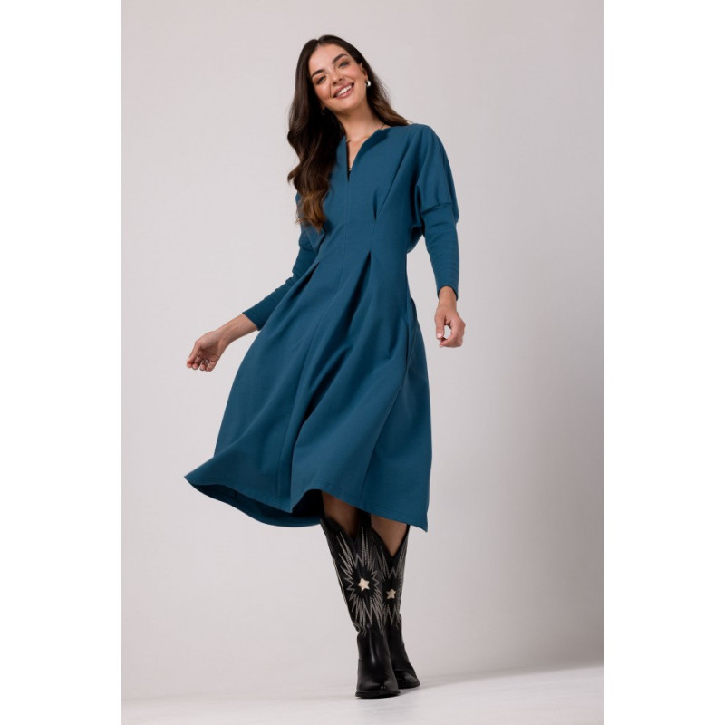 B273 Sukienka z mocno zaznaczoną talią - morska