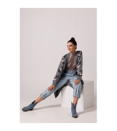 BK102 Długi kardigan w róże - popielaty