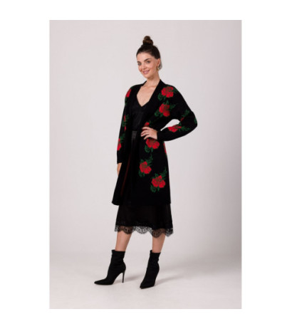 BK102 Długi kardigan w róże - czarny