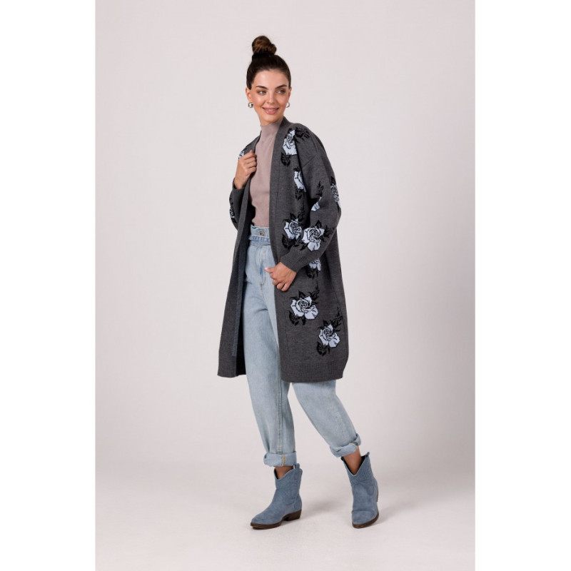 BK102 Długi kardigan w róże - grafitowy