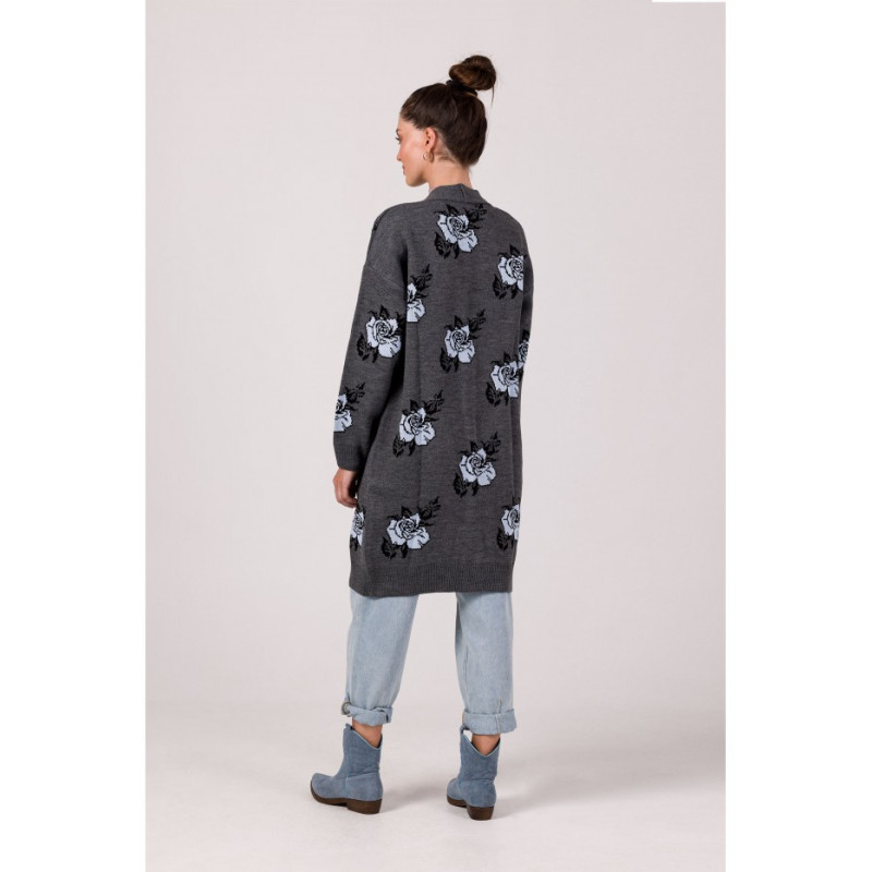 BK102 Długi kardigan w róże - grafitowy