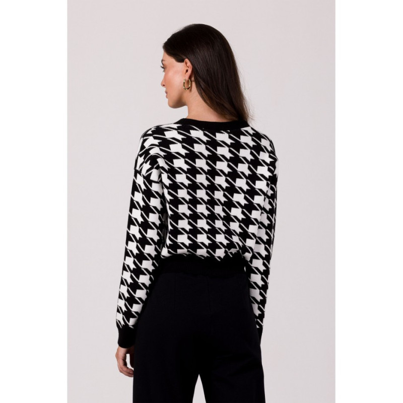 BK104 Krótki kardigan we wzór pepitka - czarny