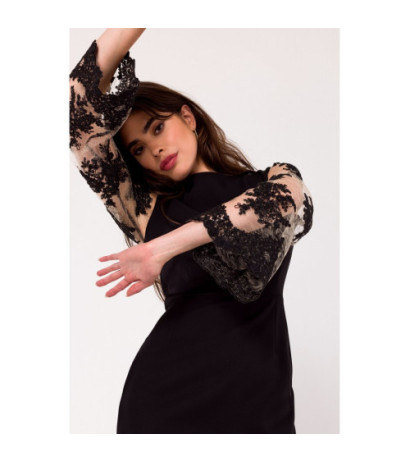 K182 Sukienka z rękawami z gipiury - czarna