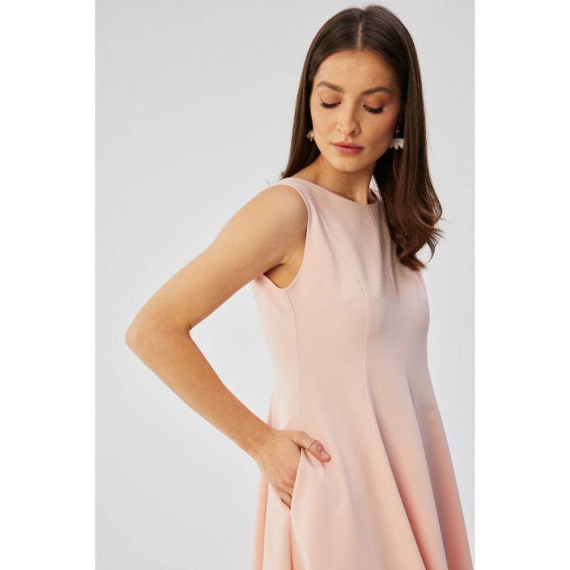 S358 Sukienka rozkloszowana bez rękawów - pudrowa