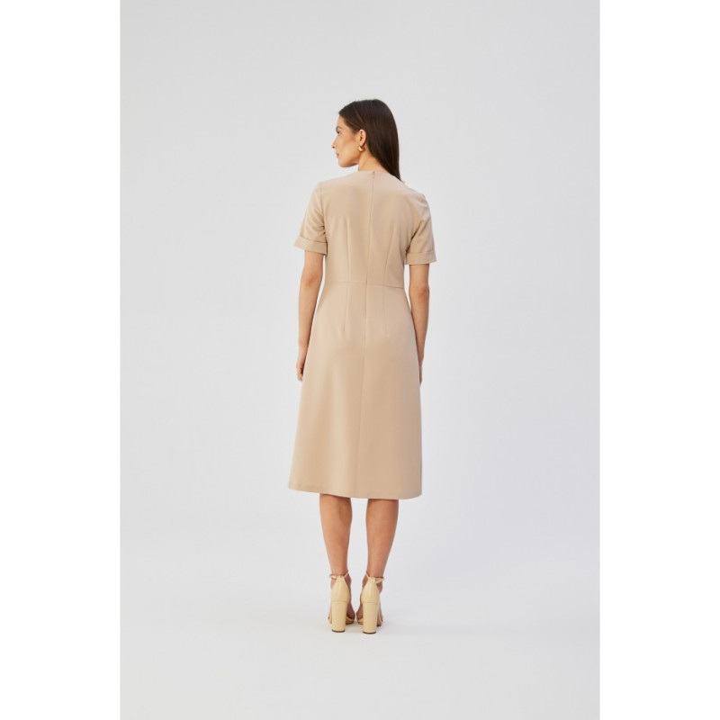 S361 Sukienka z ozdobnymi zakładkami na boku - beżowa