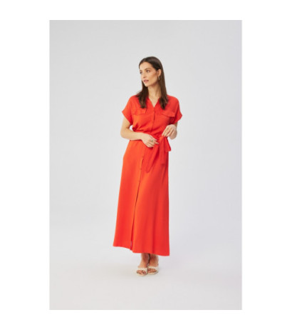 S364 Sukienka maxi rozpinana z krótkimi rękawami - koralowa
