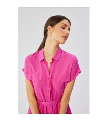 S364 Sukienka maxi rozpinana z krótkimi rękawami - liliowa