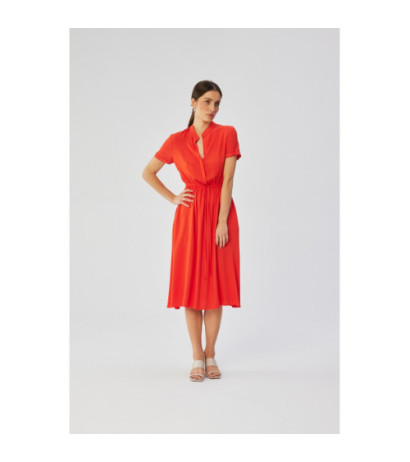 S366 Sukienka ze stójką i wiązaniem w pasie - koralowa