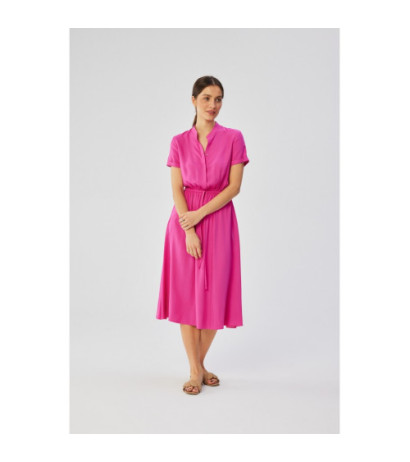 S366 Sukienka ze stójką i wiązaniem w pasie - liliowa